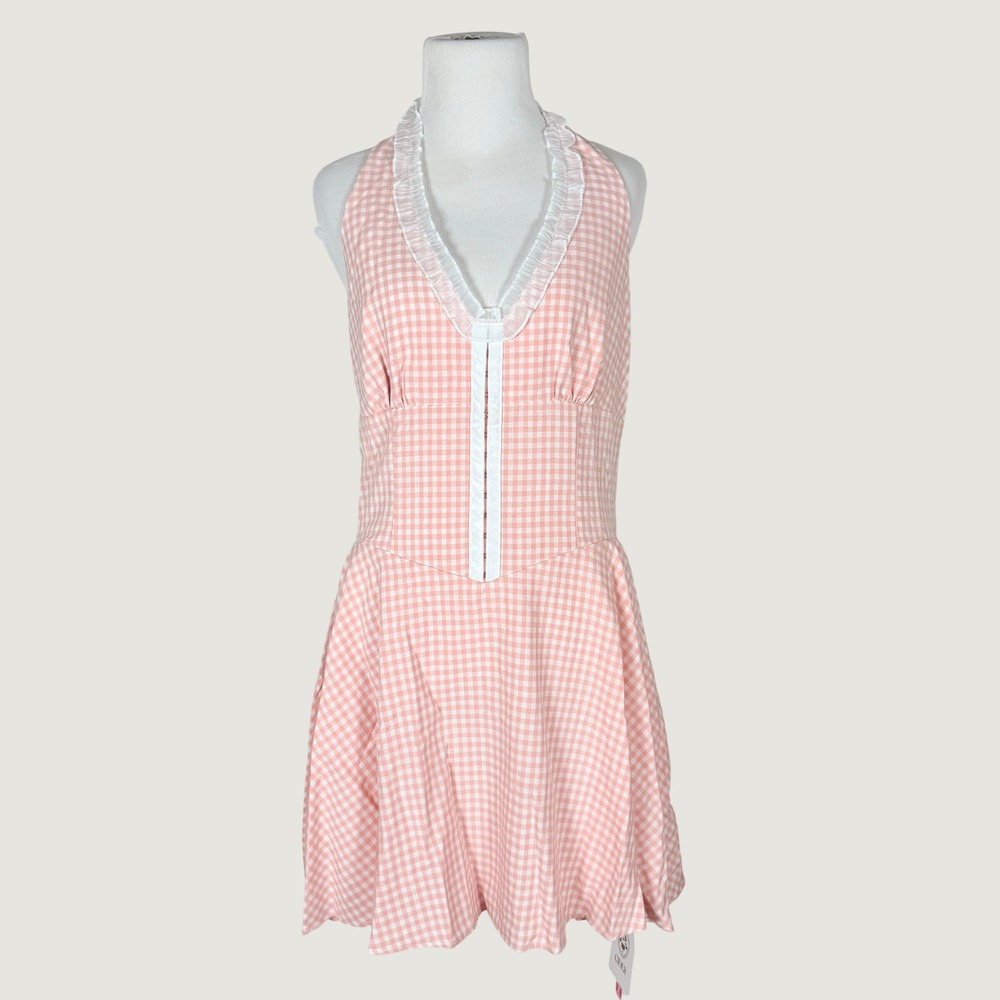 Cider Pink Gingham Halter Mini Dress Ruffle Fit Flare Viscose NWT Large Coquette - Picture 2 of 8